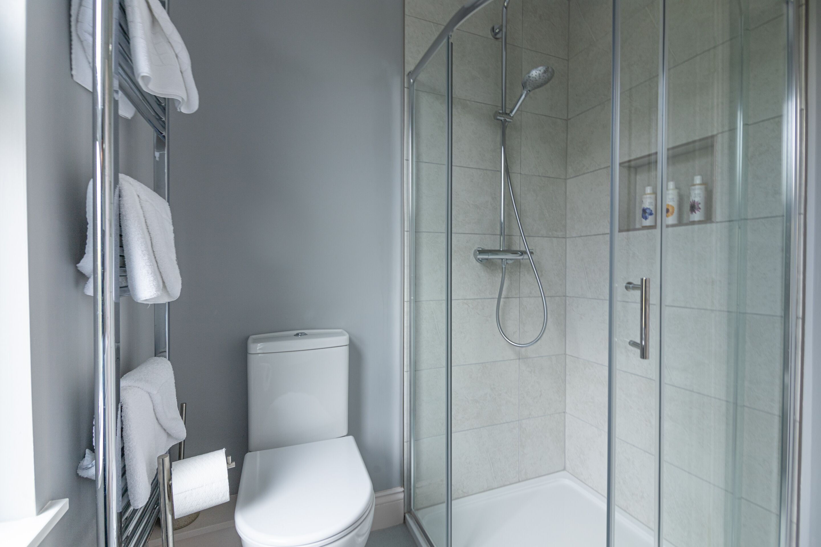 A modern bathroom with a glass shower enclosure, a toilet, and a towel rack.
