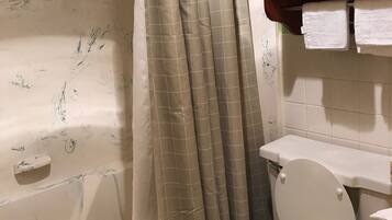 Combined shower/bathtub, jetted bath, towels, soap