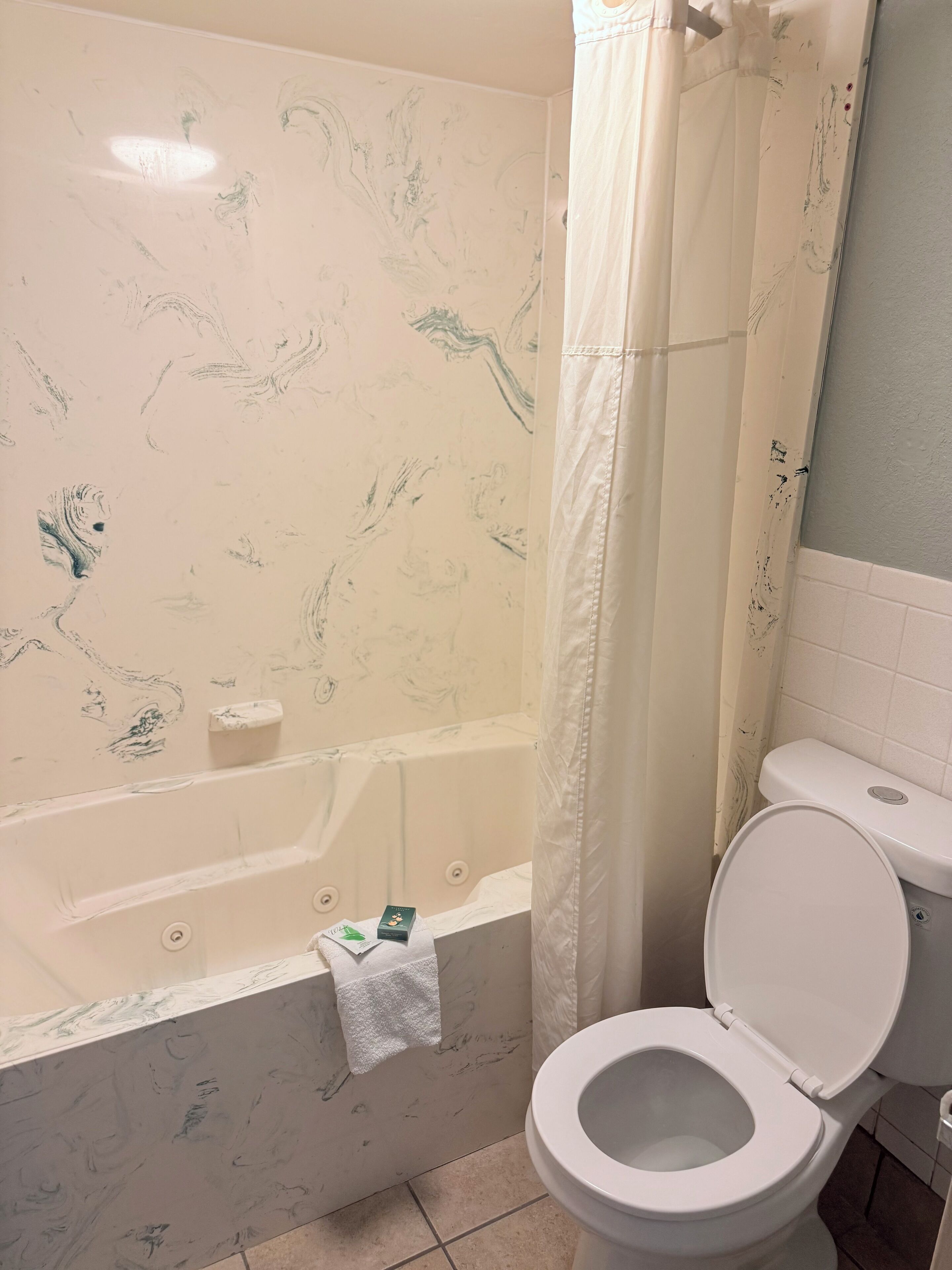 Kombinasi shower/bathtub, bathtub dengan aliran air, handuk, dan sabun