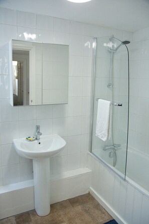 Combined shower/bathtub, hair dryer, towels, soap