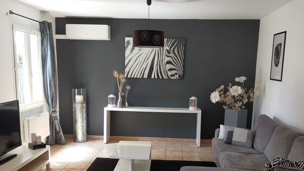 A modern living room with a grey sofa, a white coffee table, and a zebra-patterned artwork on the wall. - Grillon in the Enclave des Papes, 4 km from Château de Grignan.  (Grillon)