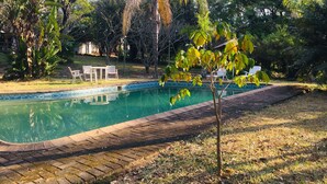 A rectangular swimming pool with a tiled edge, surrounded by a brick border. - Masasana's Rest (Mbombela)