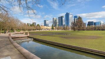 A park with a pond and a cityscape in the background.