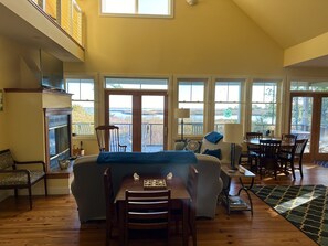 Smart TV, fireplace, DVD player, books