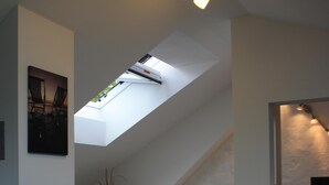 Un dormitorio moderno con tragaluz, cama, planta en maceta y televisor.