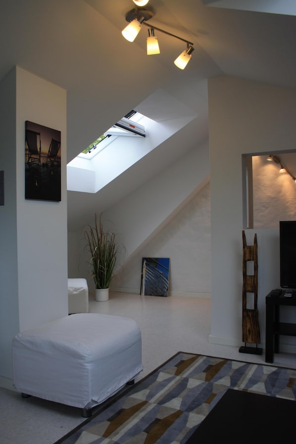 Un dormitorio moderno con tragaluz, cama, planta en maceta y televisor.