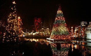 Un grand sapin de Noël illuminé et un plus petit sapin devant un bâtiment qui donne sur un quai.
