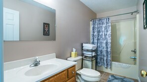 Une salle de bain avec un lavabo, des toilettes et une douche.