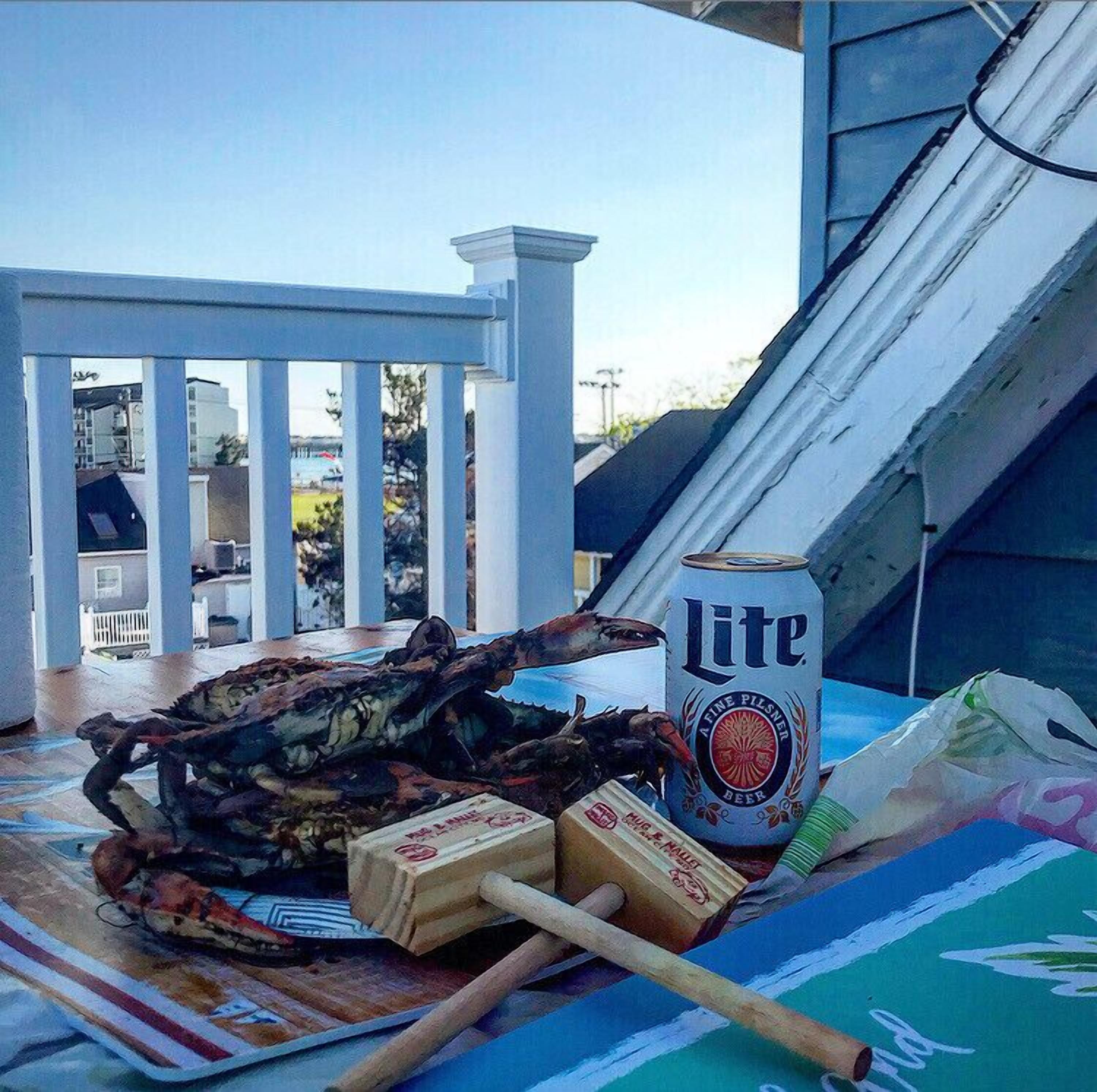 A can of Lite beer, a lobster, and wooden blocks on a table.