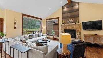 Flat-screen TV, fireplace