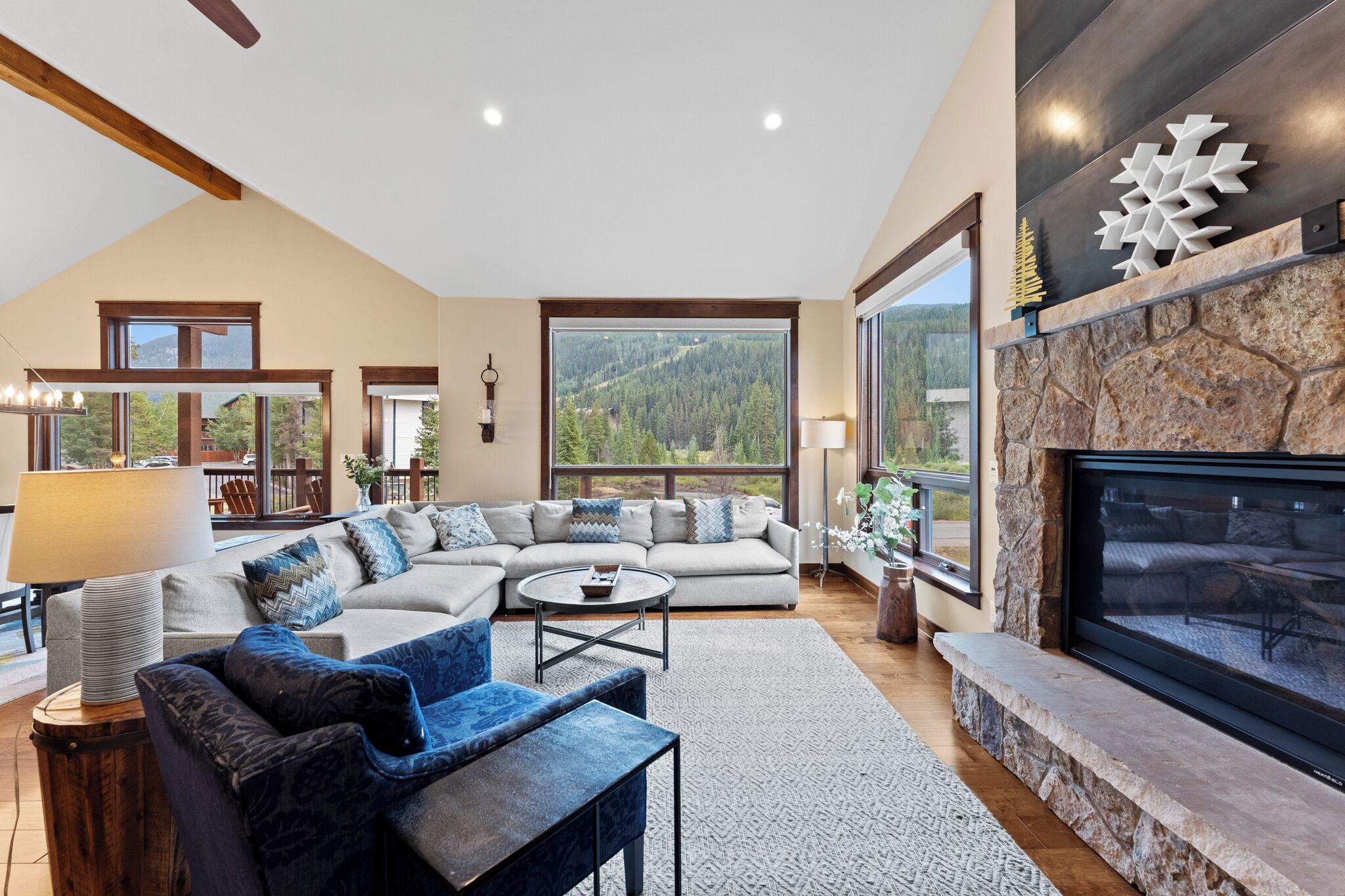 Flat-screen TV, fireplace