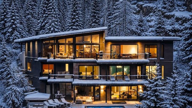 A modern multi-story house with a pool, surrounded by snow-covered trees. - Chalet La Forja - Ski in Ski out Kadenwood Estate (Whistler)