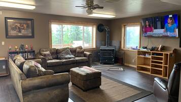 TV, fireplace, DVD player, books