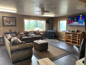 TV, fireplace, DVD player, books