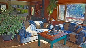 A cozy living room with a wooden floor, patterned sofas, a coffee table, and a large potted plant. - Pool;wilderness; view of mountains, lake, river;hot tub, sauna;privacy;hiking! (Argenta)
