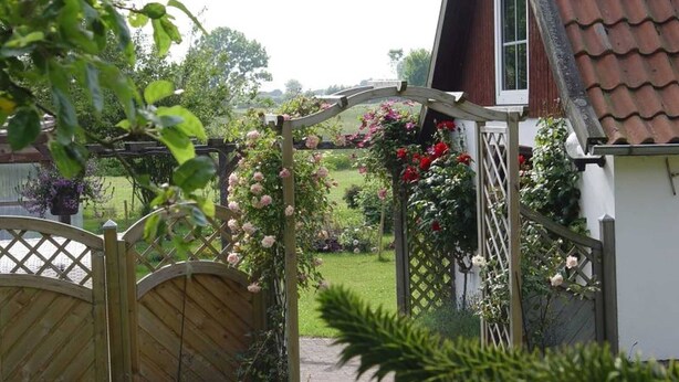 A wooden gate leading to a garden with a house in the background.