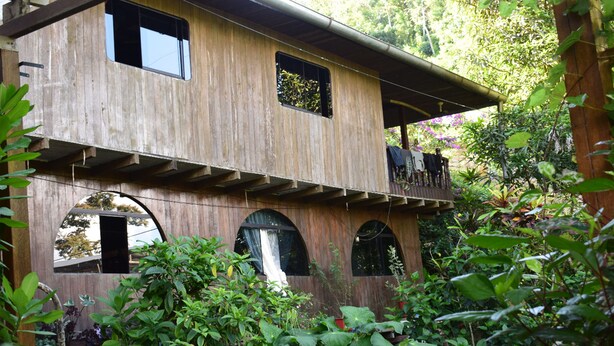 A wooden house with multiple windows and balconies, surrounded by lush greenery. - Casa Hospedaje Tingo Maria (Rupa-Rupa)
