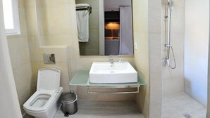 A compact bathroom with a toilet, a sink with a glass shelf, a shower, and a mirror above the sink. - Vliho Bay Suites And Apartments (Lefkada)