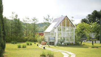 A glass greenhouse with a sloped roof, surrounded by a well-maintained garden with a pathway leading to it.