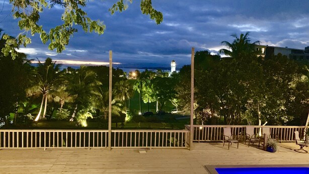 A wooden deck with a pool, surrounded by palm trees and a view of a distant tower. - The Williamson House (Suva)