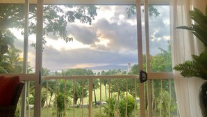 A room with a view of a lush garden and a distant mountain range. - The Williamson House (Suva)