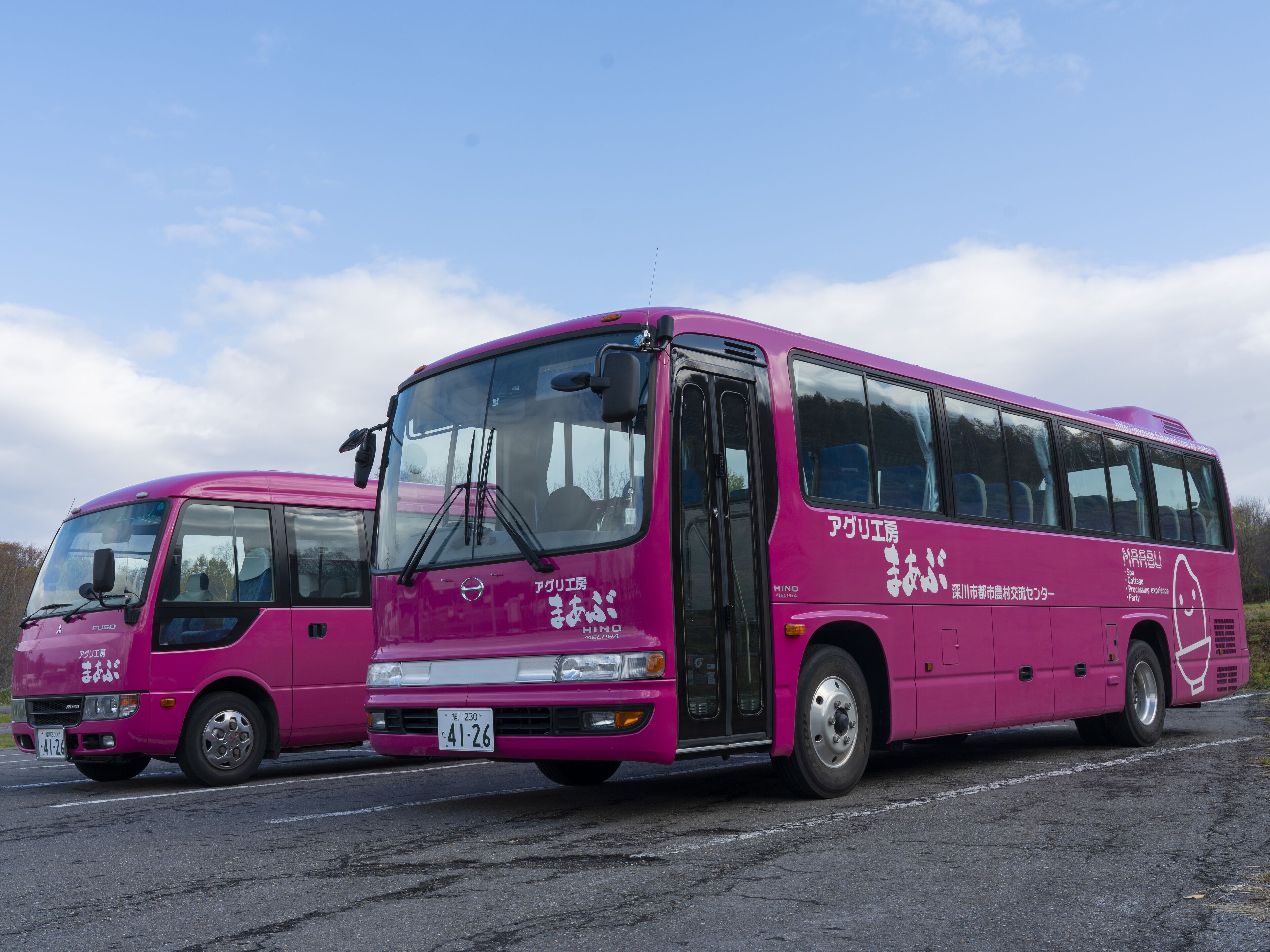 Un autobús rosa con texto en japonés y una placa de matrícula.