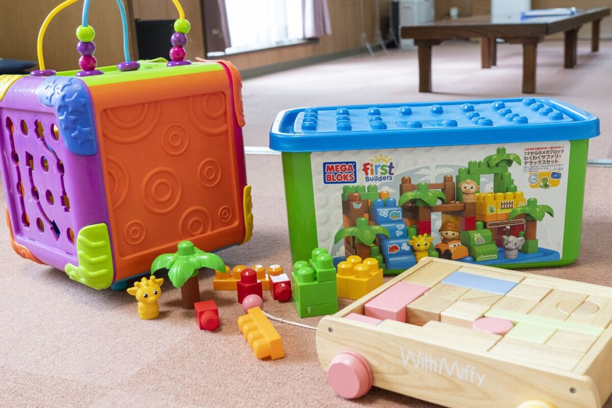 A toy set with a wooden toy car and a colorful block on a carpeted floor.