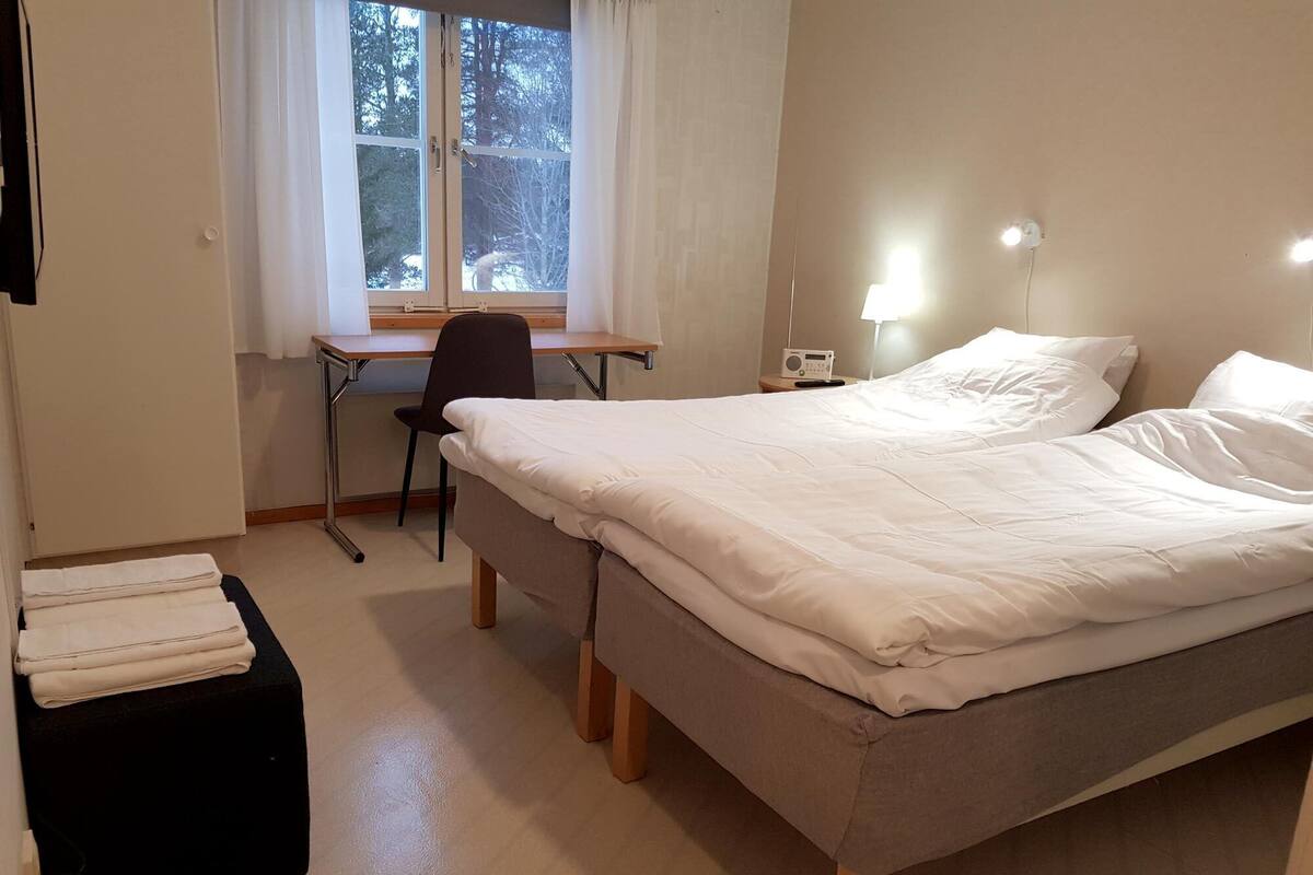 Desk, laptop workspace, free WiFi, bed sheets