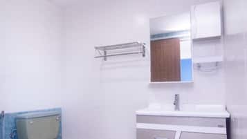 Shower, free toiletries, bidet, towels