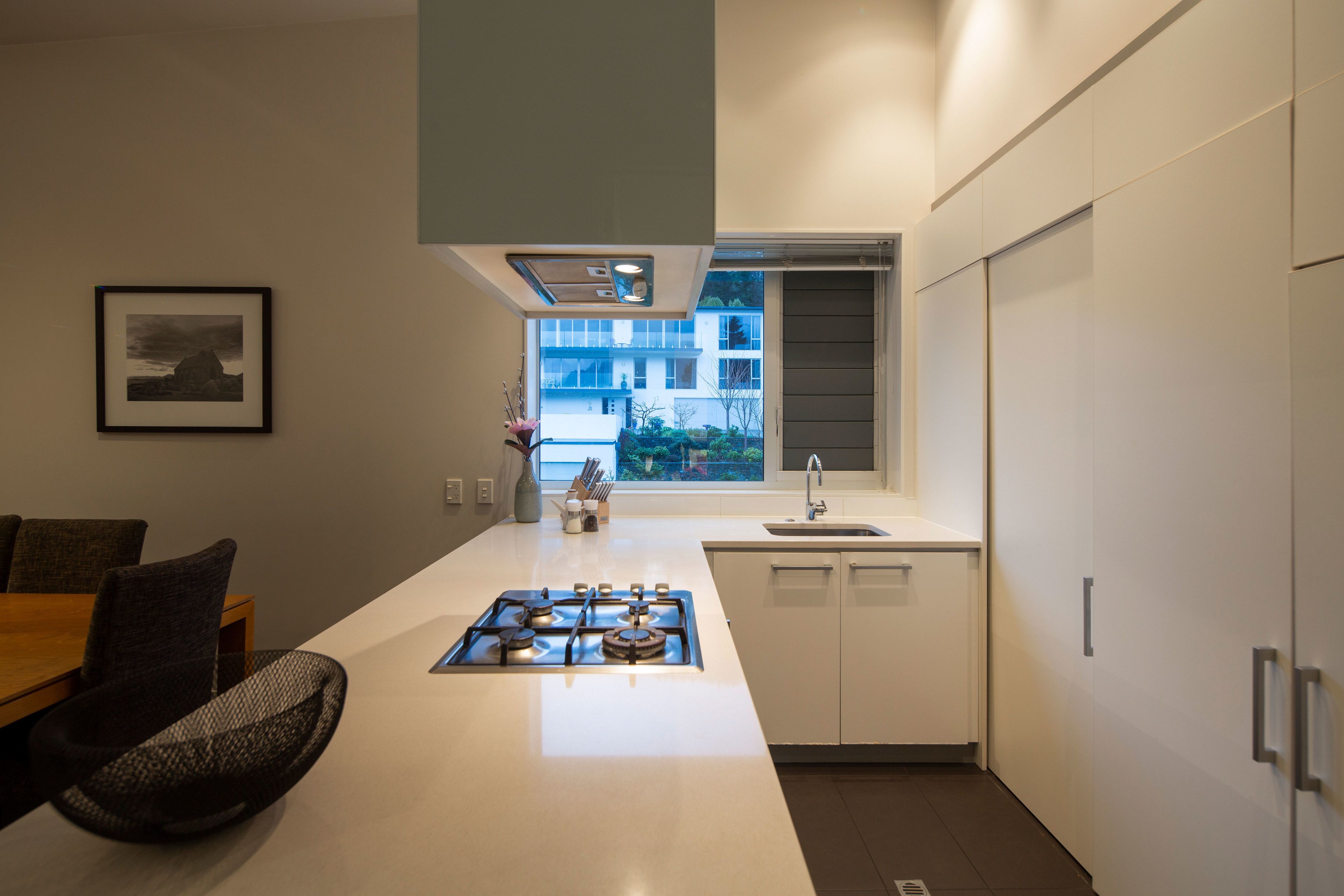 A modern kitchen with a gas stove, a window, and a view of a building outside.