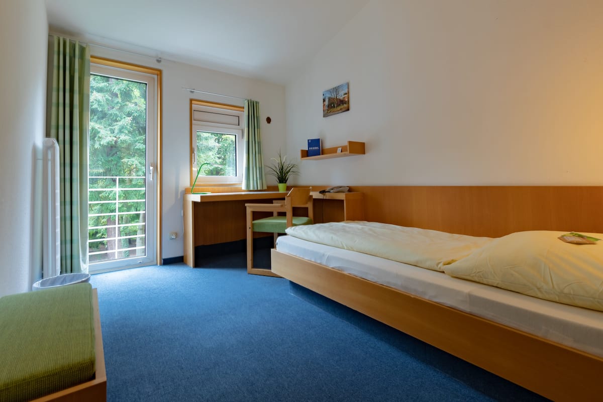 Una habitación con cama, escritorio, silla, ventana con cortinas, una planta y estante con libros.