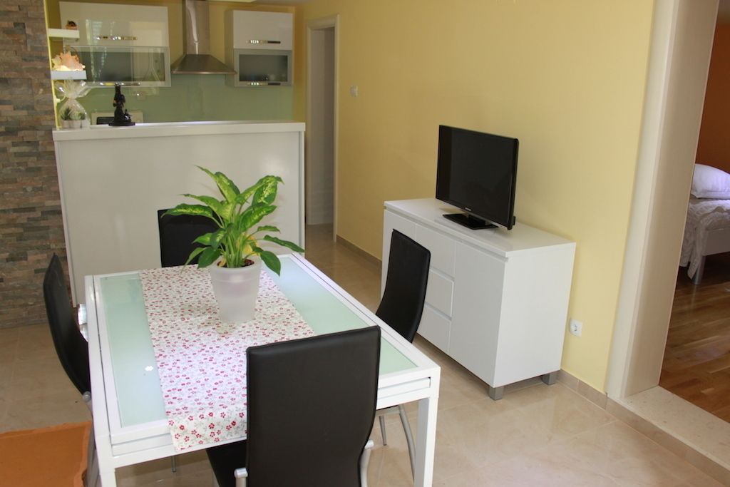 A dining area with a table, chairs, a potted plant, a television on a cabinet, and a kitchen in the background.