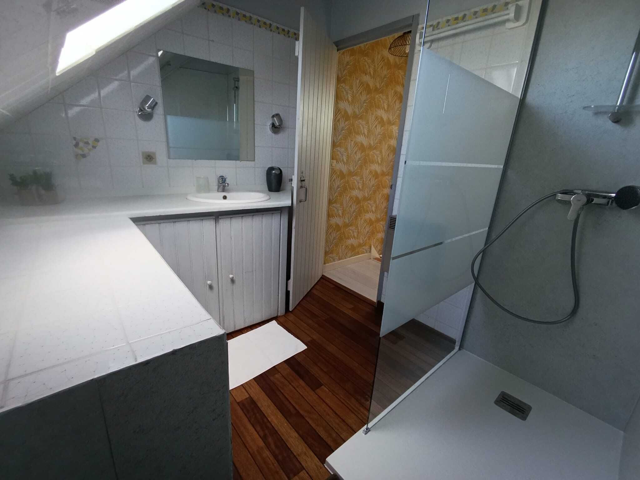 A bathroom with a shower, a sink, and a mirror.