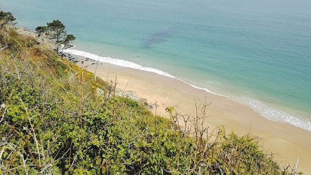 A coastal landscape with a curved beach, rocky cliffs, and sparse vegetation. - Frehel: country holiday homes - 4 rooms - 1/6 persons (Frehel)
