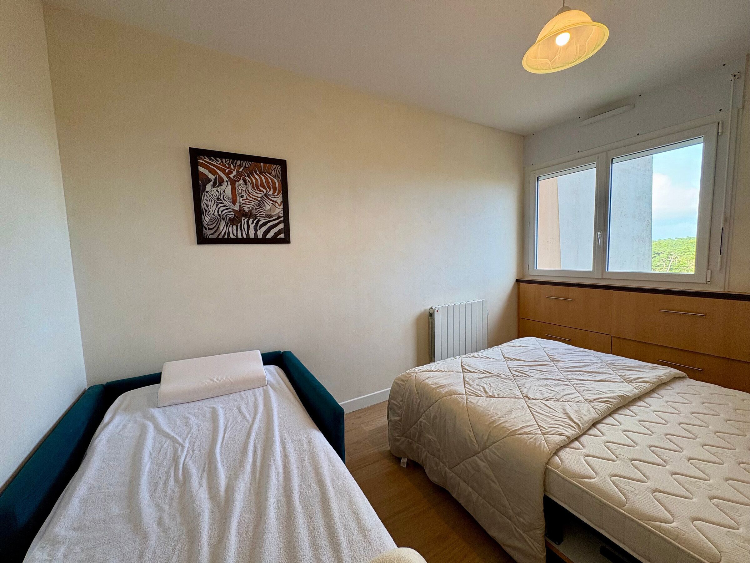 Une chambre avec deux lits, un radiateur, une fenêtre donnant sur un beau paysage et une œuvre d’art représentant un zèbre accrochée au mur.
