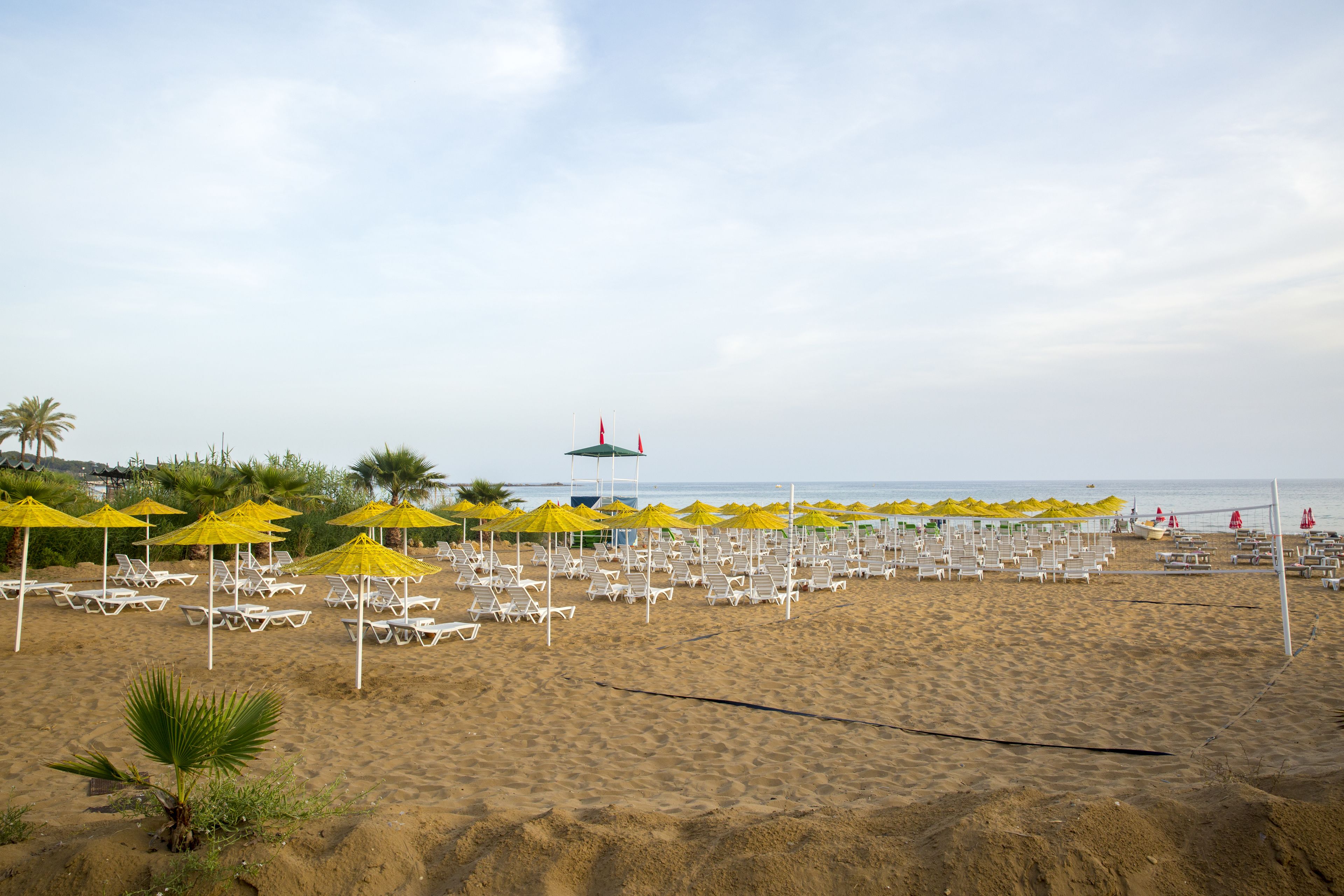 A beach with rows of white lounge chairs and yellow umbrellas, a lifeguard tower, and a clear view of the sea.