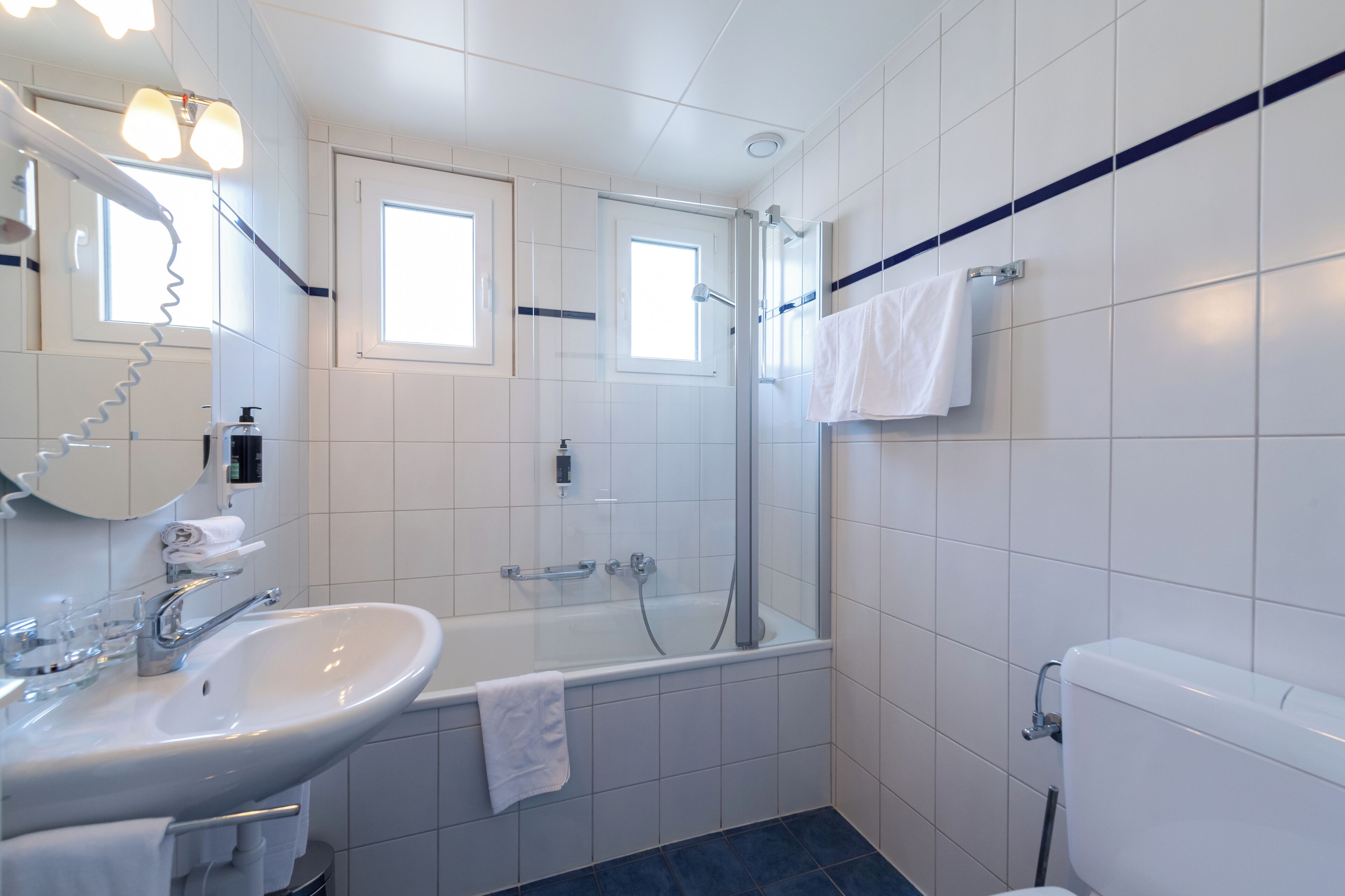 hair dryer, towels, soap, shampoo