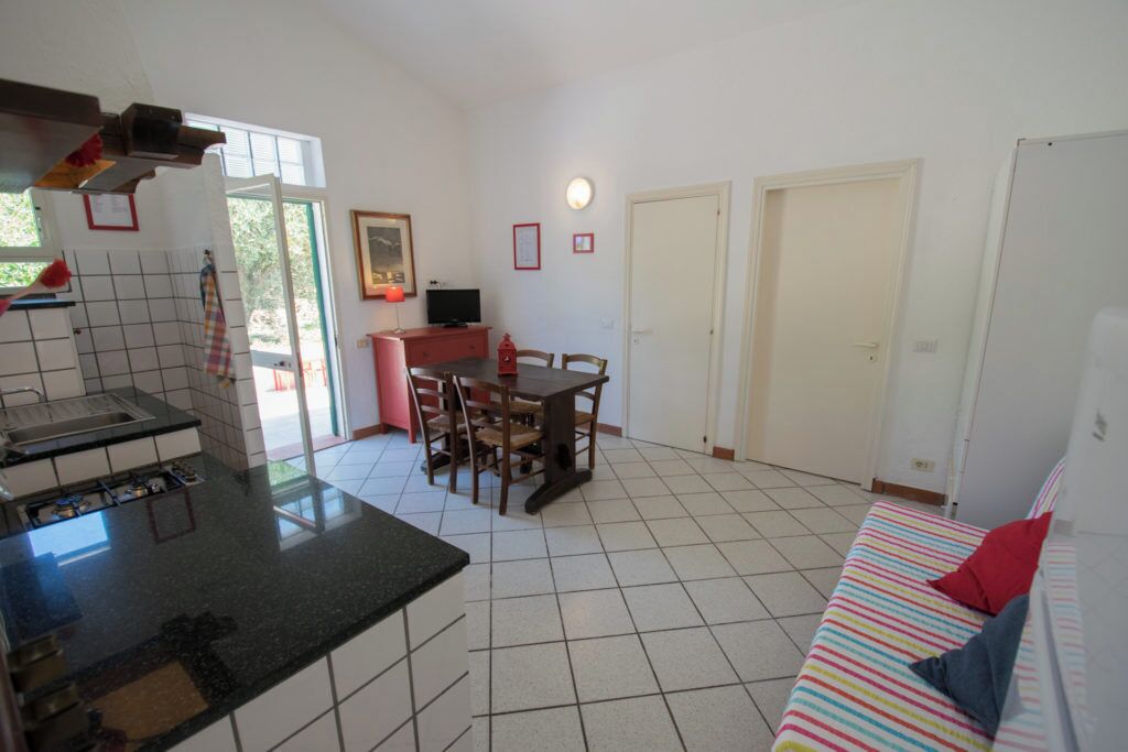 Cuina compacta amb zona de menjador, sofà i televisió.