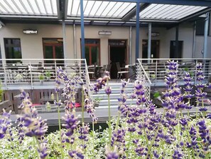 A covered outdoor area with a metal railing, a building entrance, and purple flowers in the foreground.