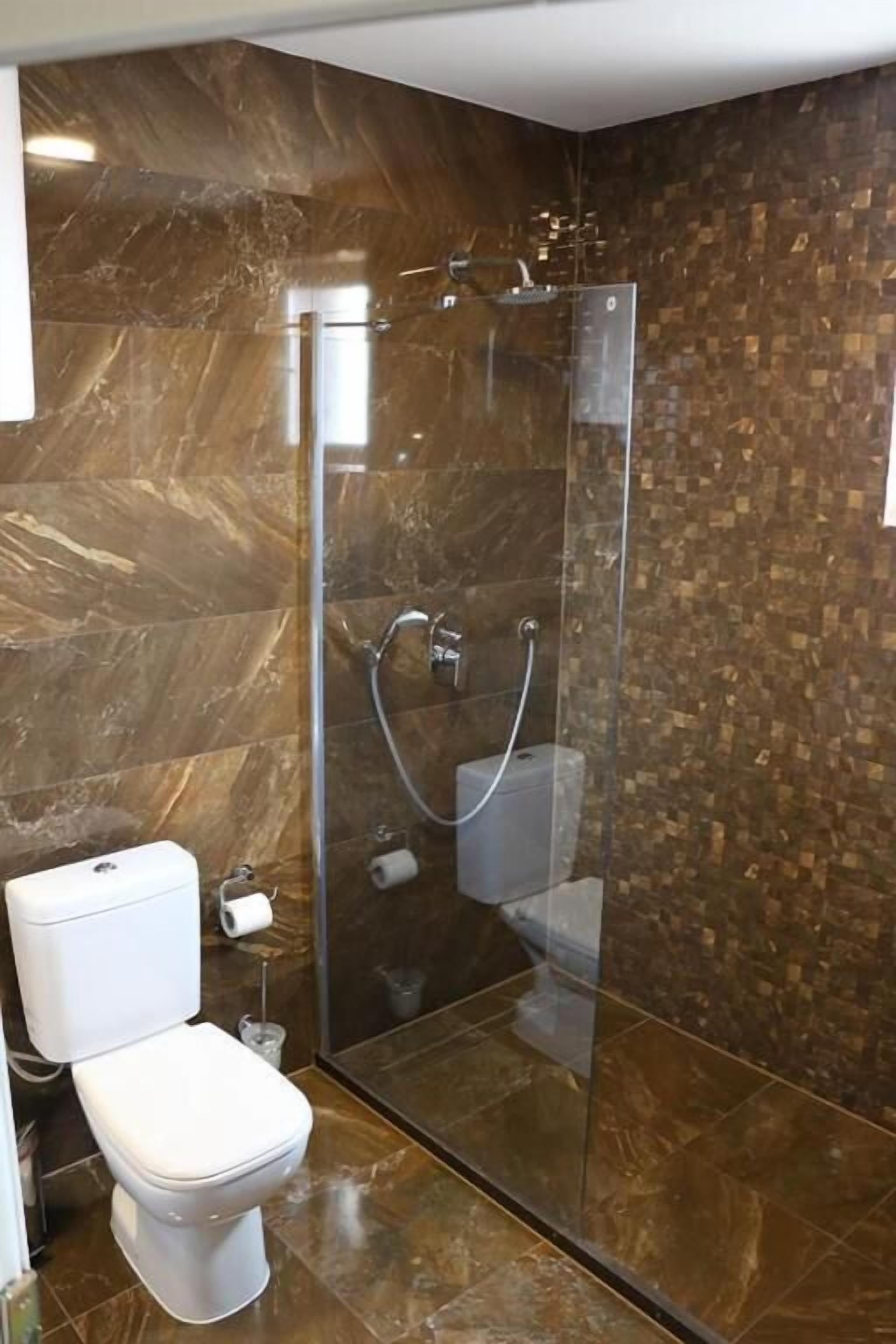 shower, rainfall showerhead, hair dryer, slippers