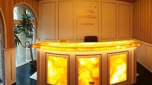 A reception desk with a marble top and glass panels, a potted plant to the left, and a sign above reading "HOTEL BEGOLLI RECEPTION". - Hotel Begolli (Pristina)