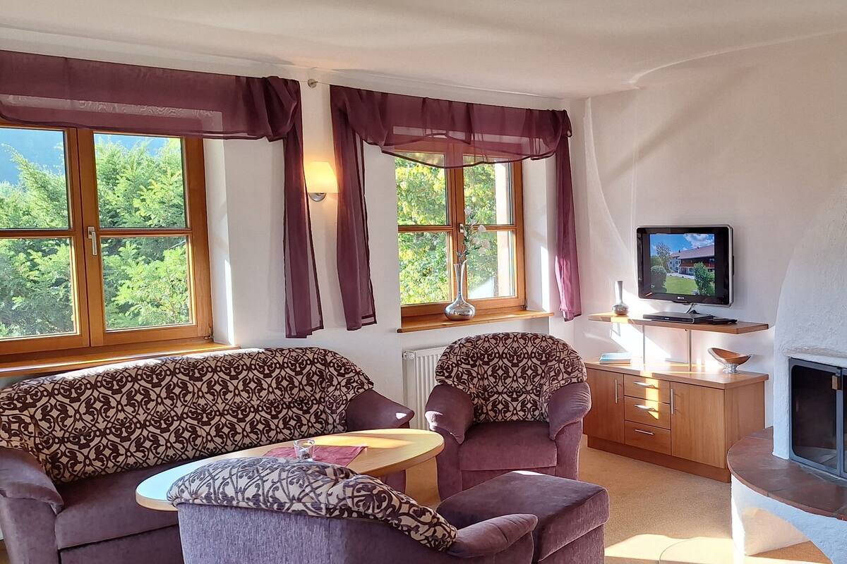 A cozy living room with a fireplace, comfortable seating, a television, and large windows.