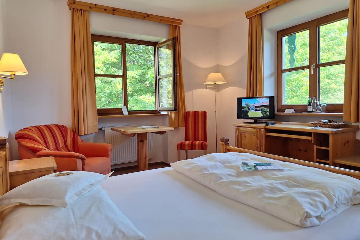 A hotel room with a bed, a desk, a chair, a television, and large windows.