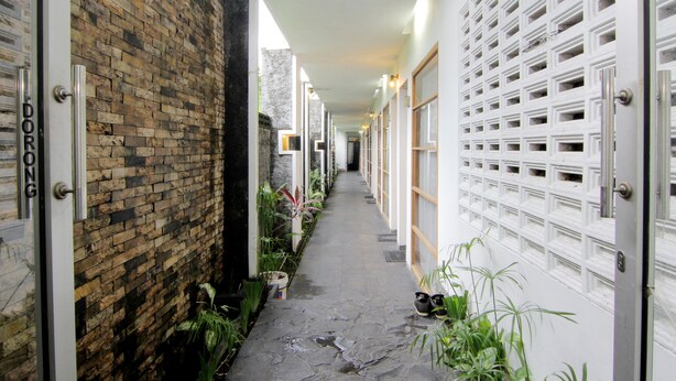 Un pasillo estrecho con una pared de ladrillo a un lado y una pared blanca con un diseño de cuadrícula al otro. Hay plantas a lo largo del pasillo, y se ve una puerta con la etiqueta 'DORONG'.