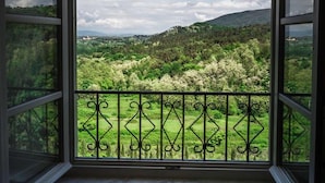Un balcón con vistas a un paisaje verde y colinas.