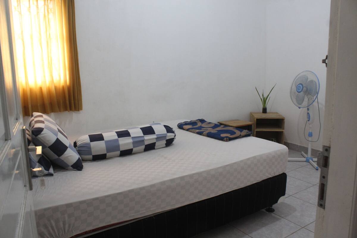 A bedroom with a bed, pillows, a small plant, and a standing fan.