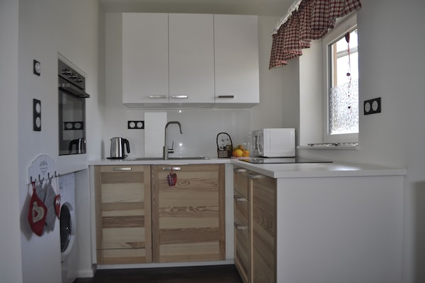 Frigorífico, microondas, horno y placa de cocina