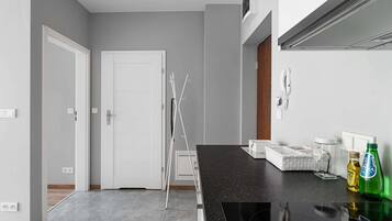 Apartamento conforto, 1 cama King e sofá-cama | Cozinha privada | Geladeira, fogão, cooktop, lava-louças