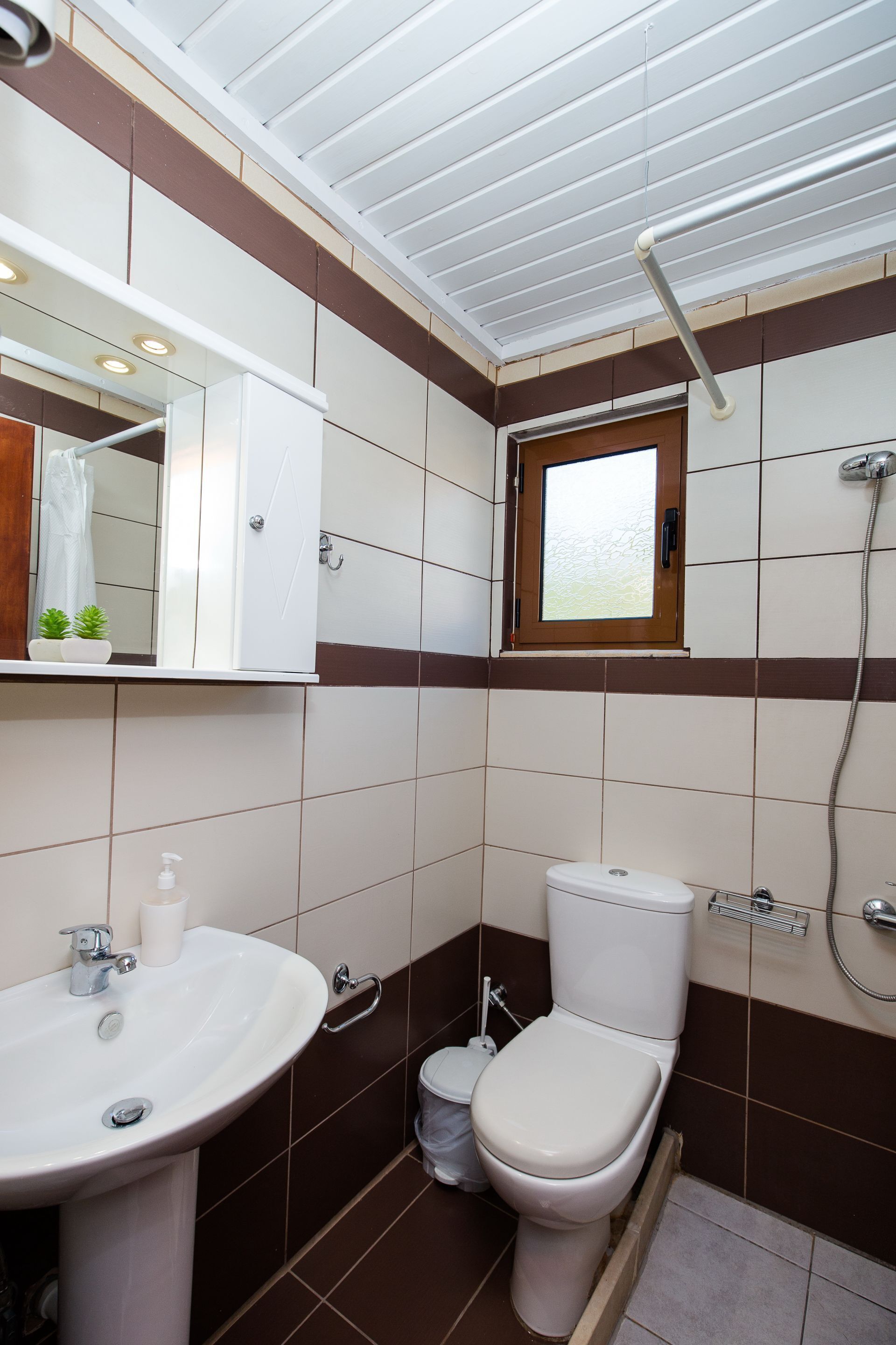 A bathroom with a white sink, a toilet, and a shower.