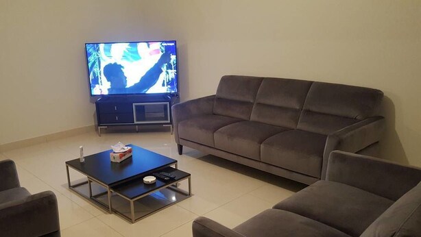 A living room with a flat-screen TV, a dark brown sofa, and a coffee table. - Achrafieh 219 (Beirut)